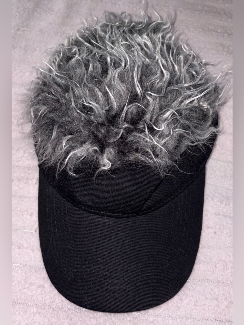 Black Novelty "Wig Hat" with Gray Faux Fur/Hair